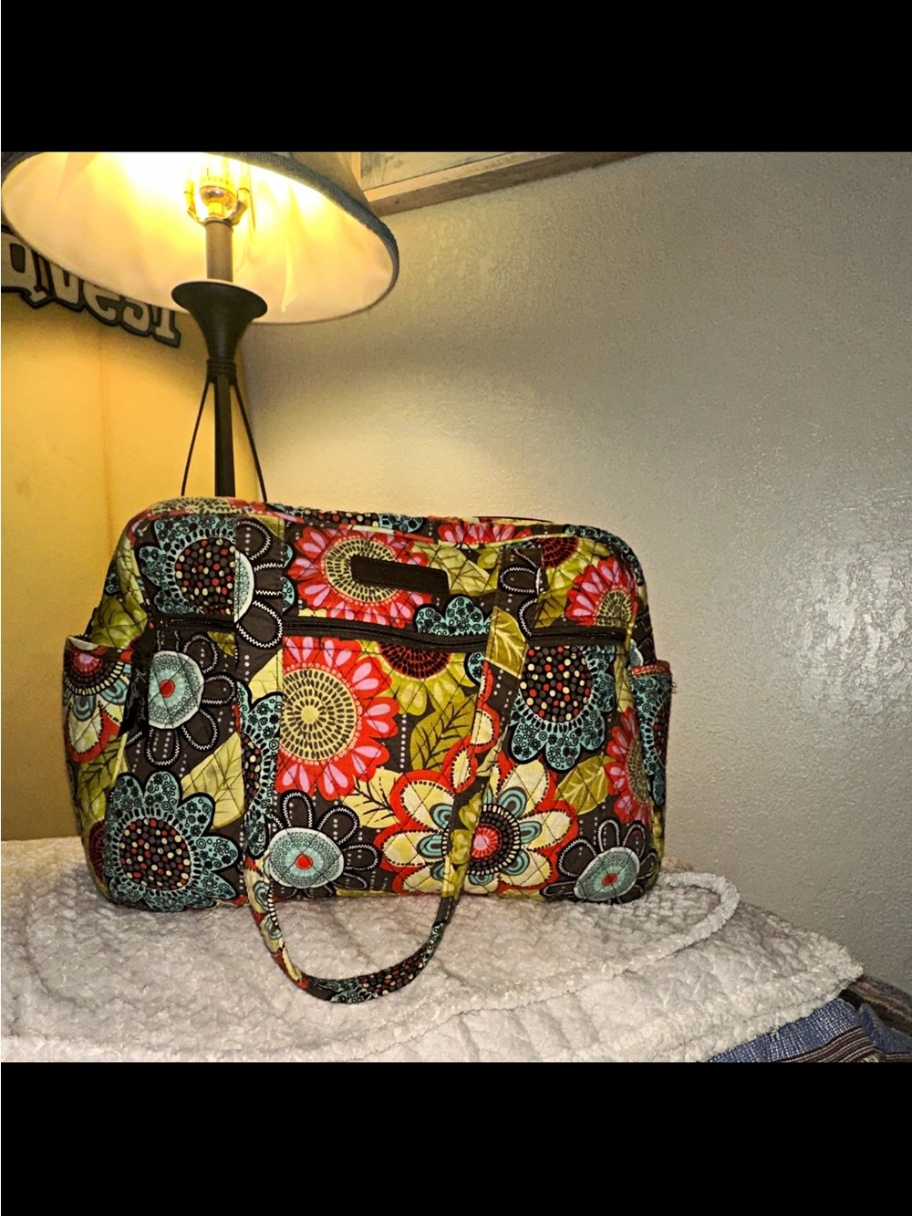 Vera Bradley Yellow Floral Quilted Tote with Aqua and Brown Accents